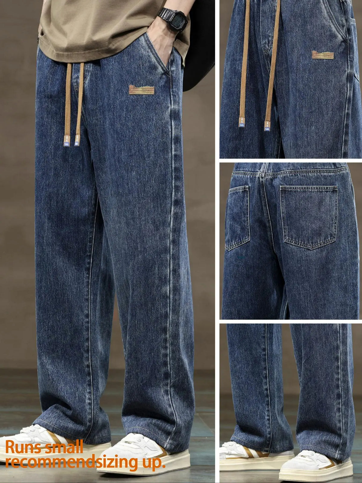 Men's drawstring elastic waist straight leg Pocket jeans solid color casual versatile non stretch denim pants, fit straight leg version, suitable for all seasons