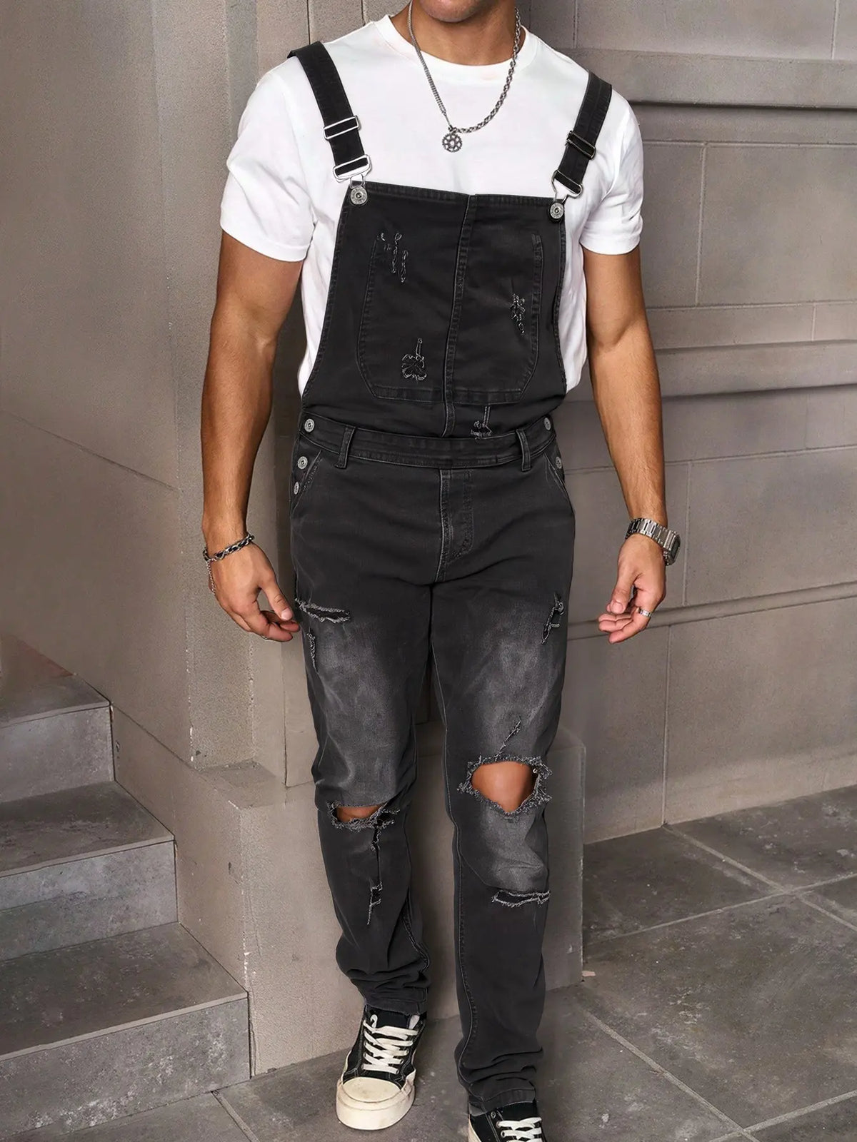 Men's Versatile Casual Ripped Denim Overalls, Button Front with Pockets, Fashionable Daily Wear, Comfortable and Practical, All Seasons