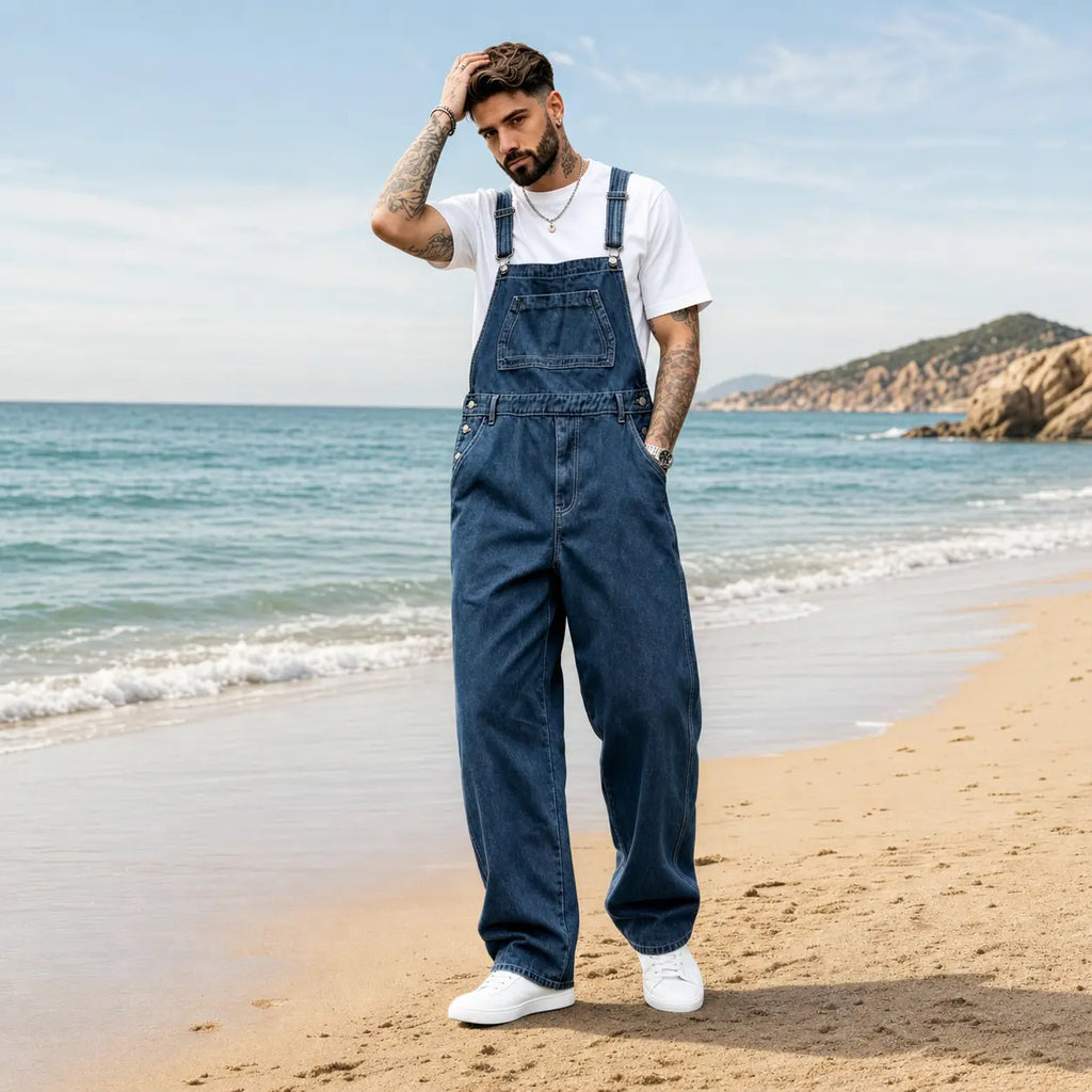 Men's Medium Wash Cotton Denim Overalls - Adjustable Tie Cargo Straps, Retro Slouchy Baggy Loose-Fit, Classic Utility Workwear, Machine Washable All-Seasons Outdoor Menswear, Plain Polyester Fabric Cargo Pants