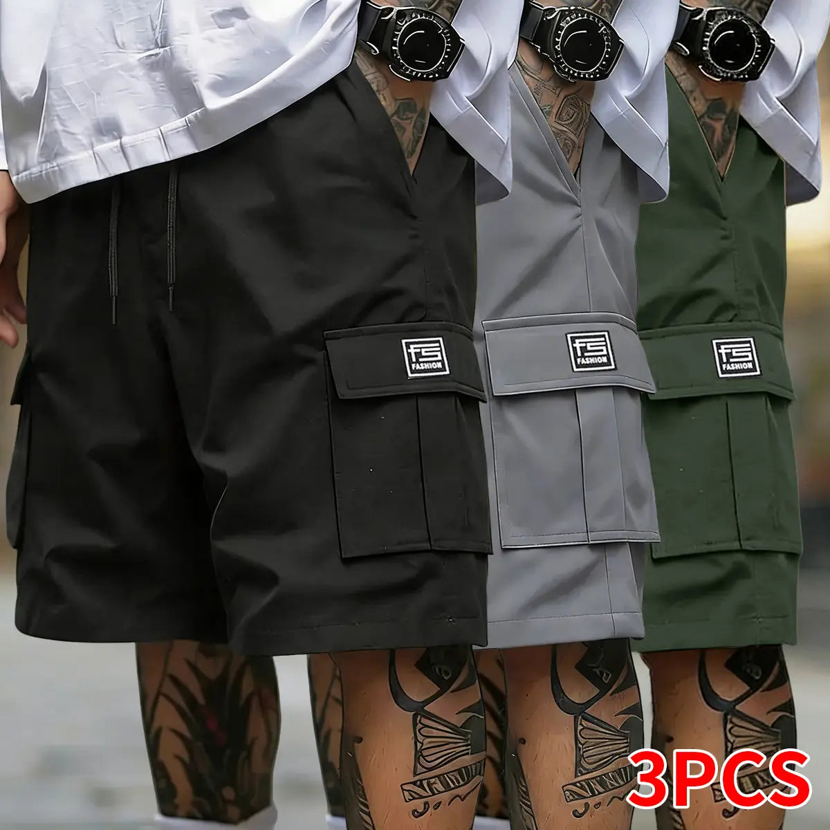 Men's 3-Pack Oversize Woven Cargo Shorts - Solid Color, Multi-Pocket Design, Adjustable Drawstring, Casual Fit, Dry Clean Compatible, Available in XL Size