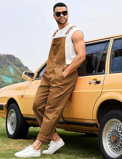 YUANBANG Men's Loose Fit Denim Bibs Overalls Fashion Coveralls Work Utility Jumpsuit with Pockets, Casual Comfy Sleeveless Workwear