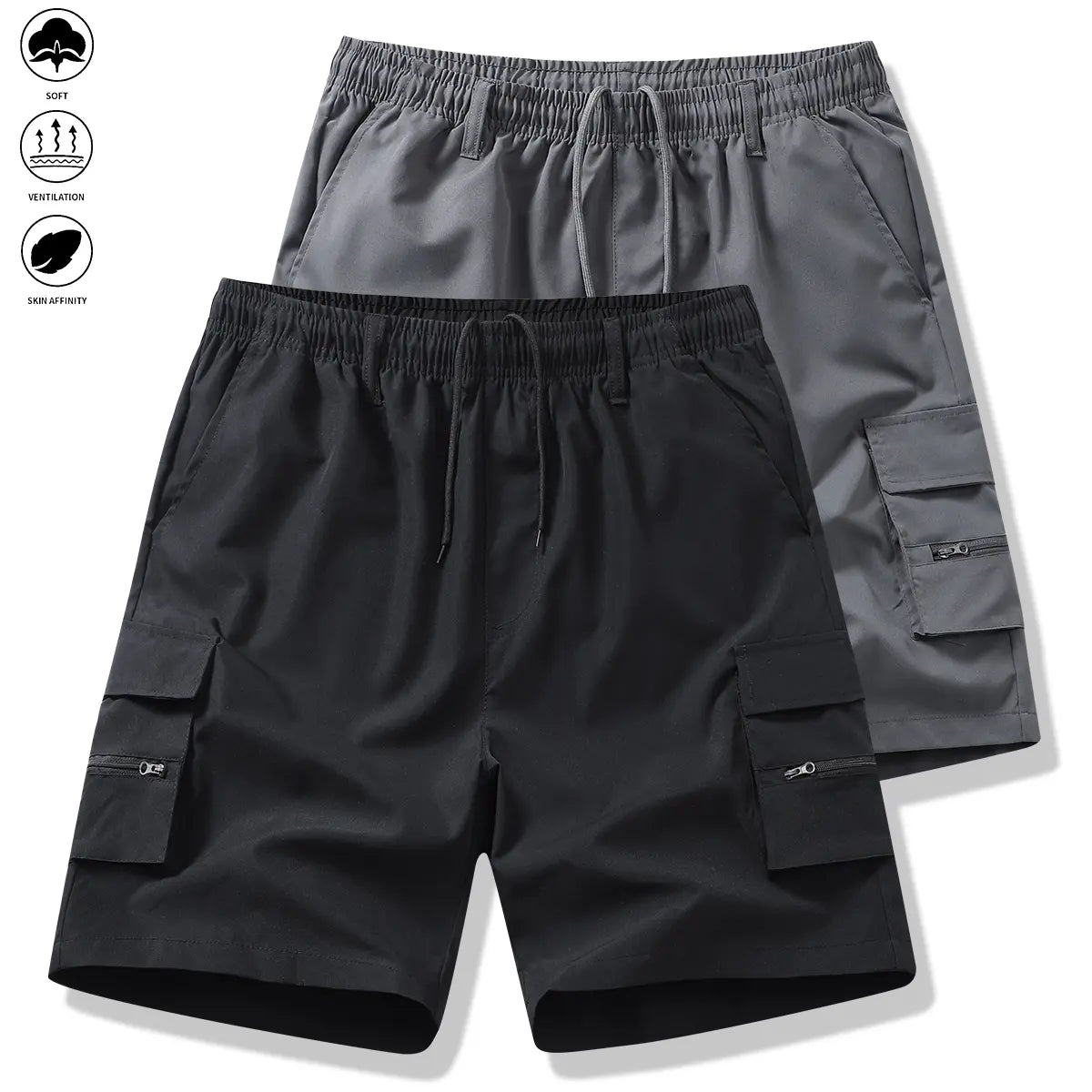 Men's 2-Piece Fitted Woven Work Jogger Shorts, Summer Trendy Casual Style, Multi-Pocket, Wear-Resistant, Wrinkle-Free, Tear-Resistant, Comfortable, Breathable, Stylish, Versatile, Elastic Drawstring