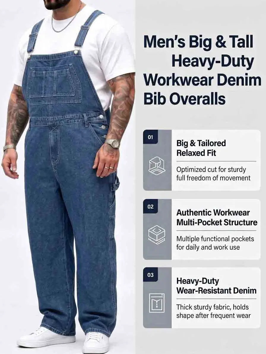 Men's Big & Tall Solid Heavy-Duty Denim Bib Overalls - Menswear Baggy Overalls, Loose-Fit Full Length Straight Leg Workwear Jumpsuit, Adjustable Strap, Multi Pockets, All Seasons, Machine Wash, Work Casual Plain Denim Do Not Bleach