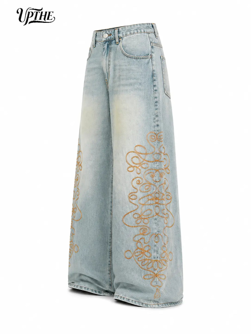 Men's Vintage Light-Wash Swirl Embroidery Floor-Length Baggy Wide-Leg Jeans - Retro Streetwear, Teenage Dirtbag Aesthetic Daily Casual Trousers
