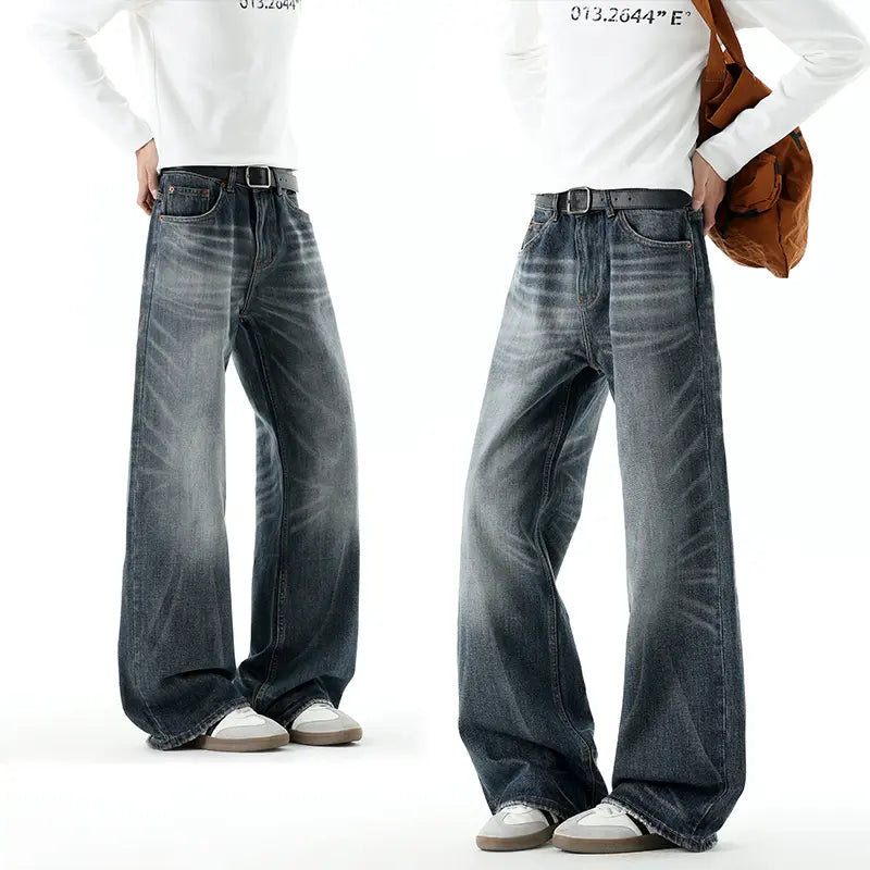 Men's Retro Chic H-Type Wide Leg Denim Jeans - Ombre Wash, Loose Fit, Side Pockets, No Skin-Tight Design, Casual American Streetwear Male Clothing Bottoms