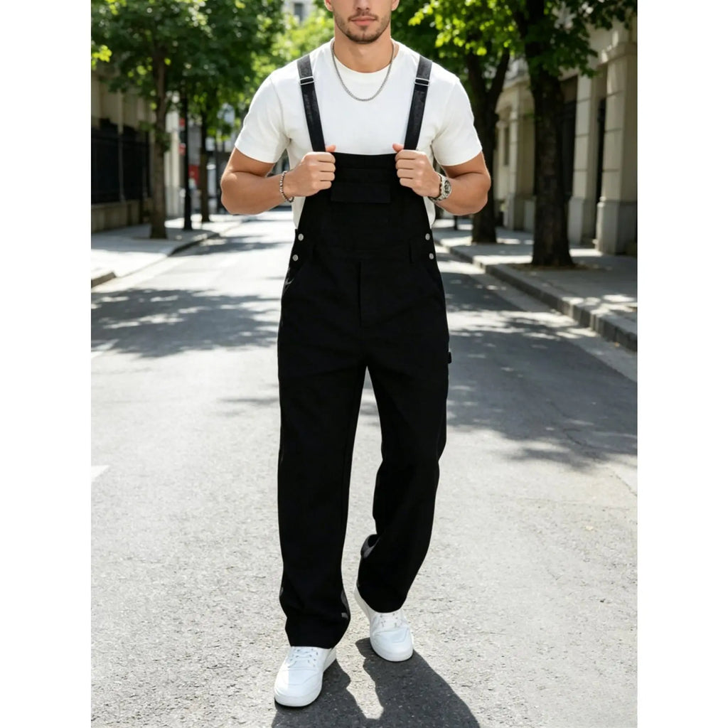 1 pair of men's denim overalls, multifunctional and multi pocket trendy high street minimalist style one-piece straight leg pants, suitable for all seasons, Casual, Menswear, Clothes