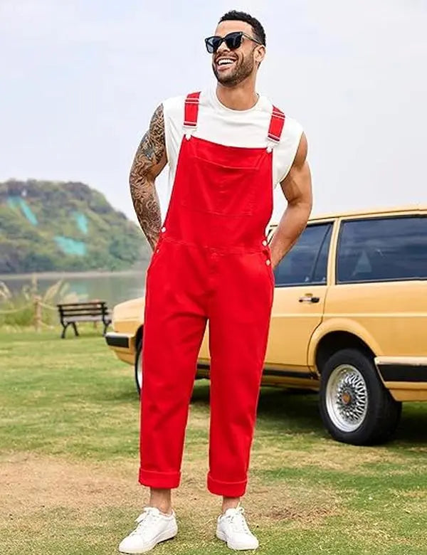 YUANBANG Men's Basic Denim Overalls Adjustable Straps Jumpsuit Fall Winter Fashion Comfort Sleeveless Pocket Menswear Bibs Workwear Coveralls with Zipper Solid Color Strappy One-Piece Outfits