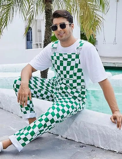 YUANBANG Men's Stretch Denim Overalls, St. Patrick's Day Coveralls, Green Checkered Bibs Workwear, Stylish Menswear with Zipper Closure