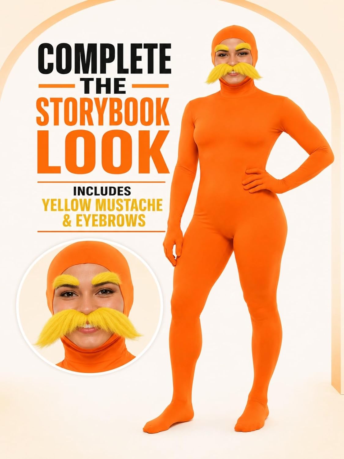 Unisex Adult Orange Bodysuit Halloween Costume with Mustache and Eyebrows