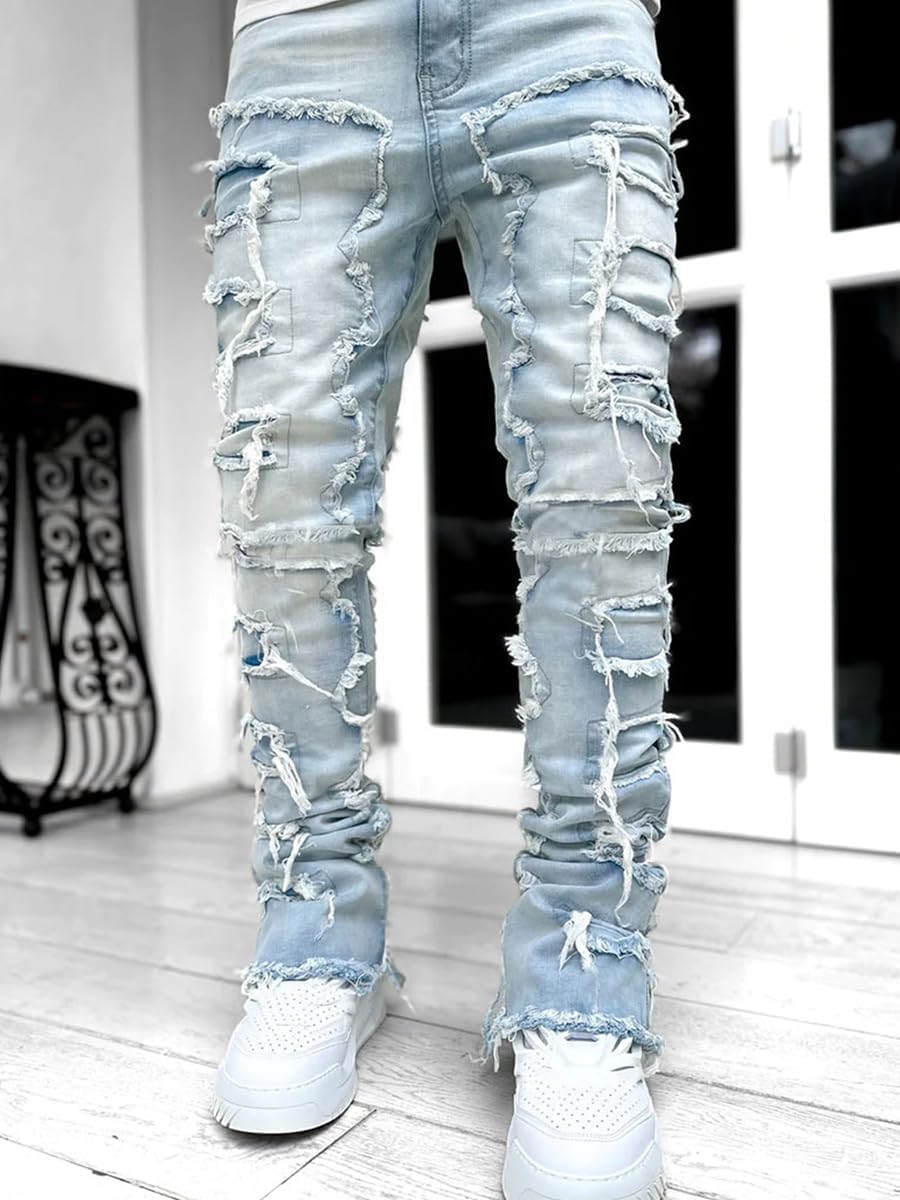 YEOU Men's Stacked Skinny Jeans - Y2K Harajuku Style Ripped Denim Pants with High Waist