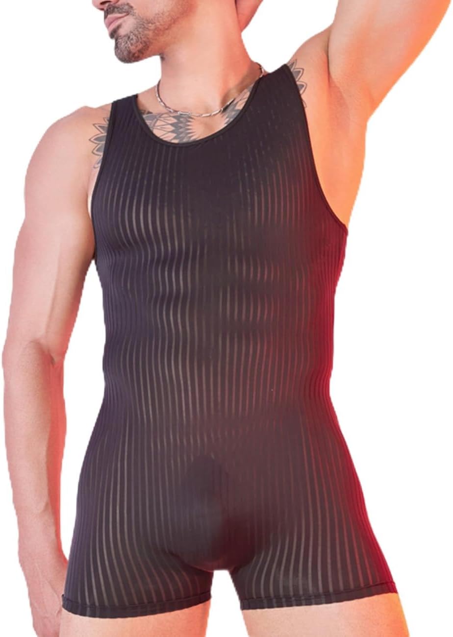 ABAFIP Men's Sexy Lingerie Bodysuit Stripe Mesh See Through Shorts Romper Sheer Underwear