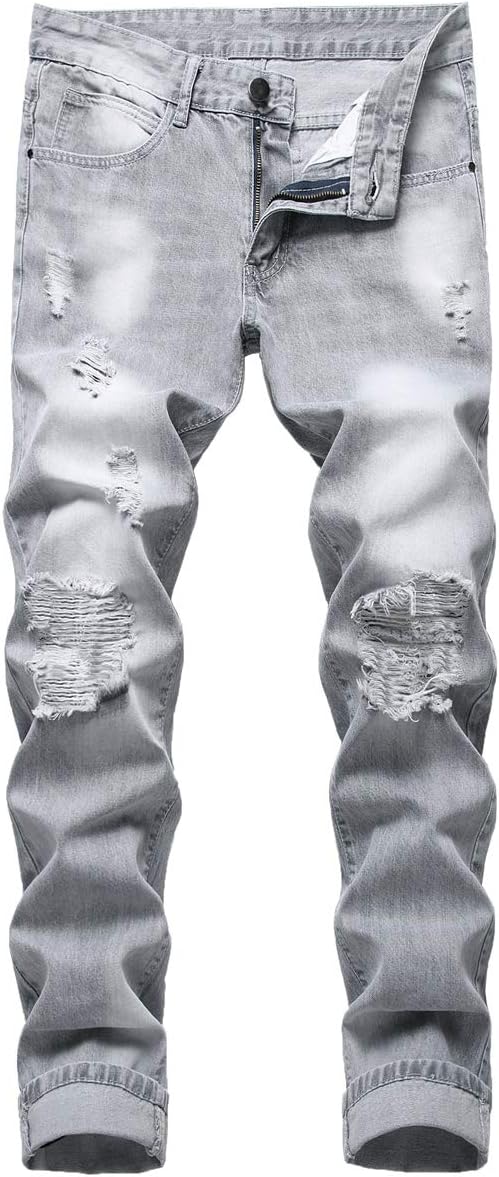 LZLER Mens Ripped Jeans,Distressed Destroyed Slim Fit Straight Leg Denim Pant with Holes