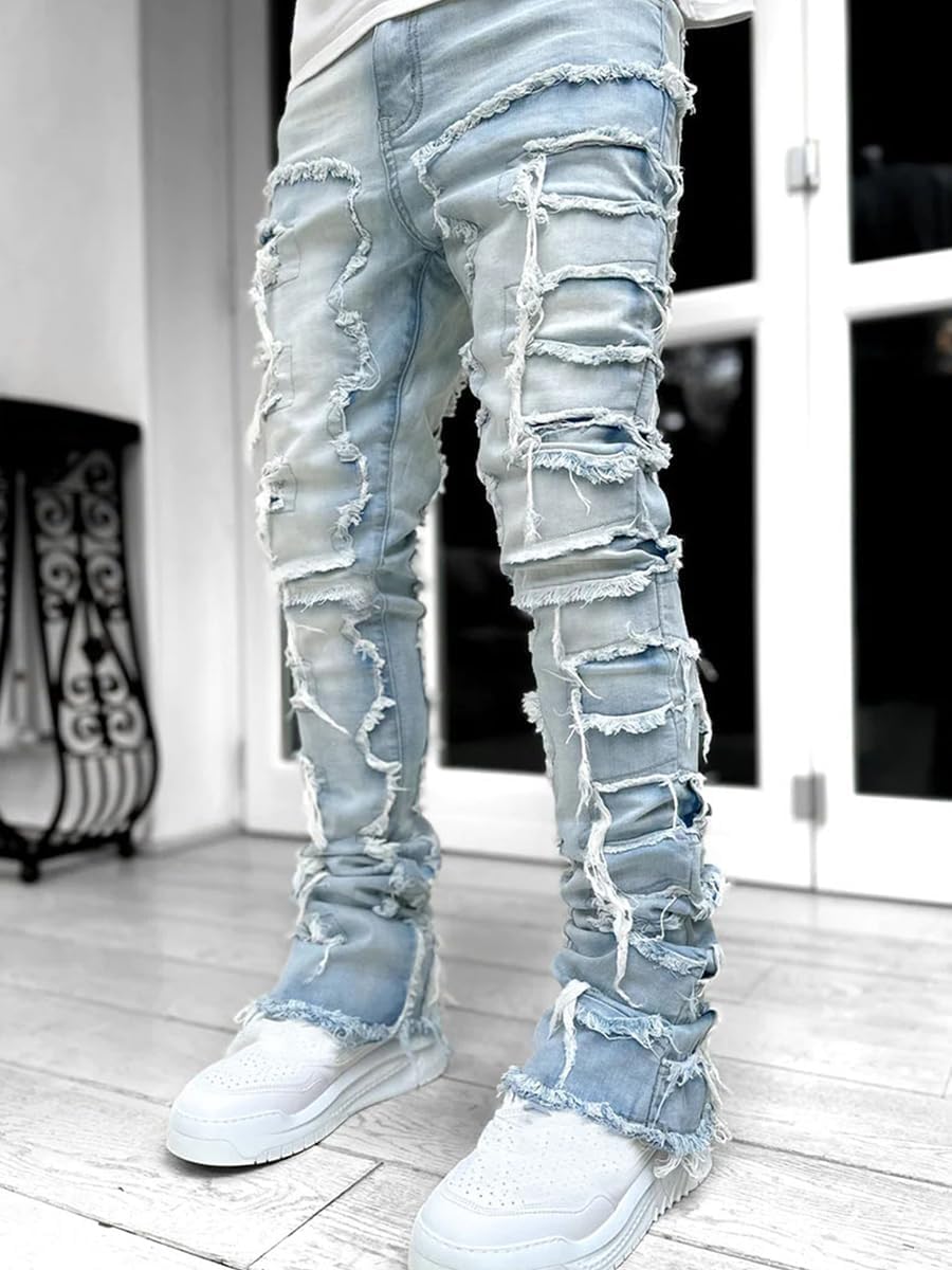 YEOU Men's Stacked Skinny Jeans - Y2K Harajuku Style Ripped Denim Pants with High Waist