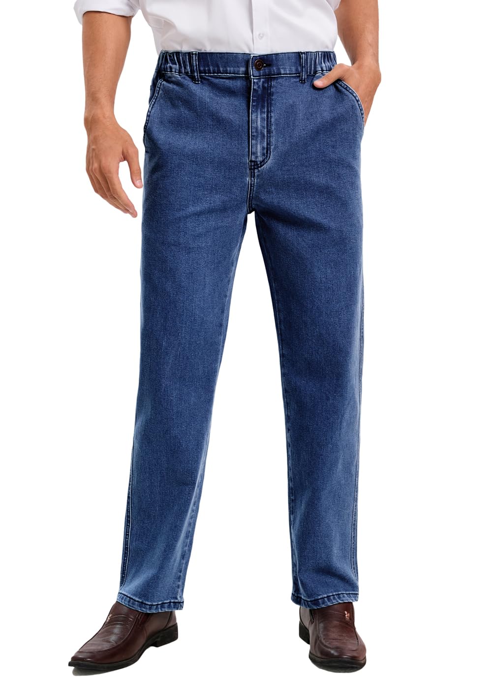 voeeron Mens Elastic Waist Jeans Relaxed Fit Men's Jeans with Elastic Waist with Zipper and Button