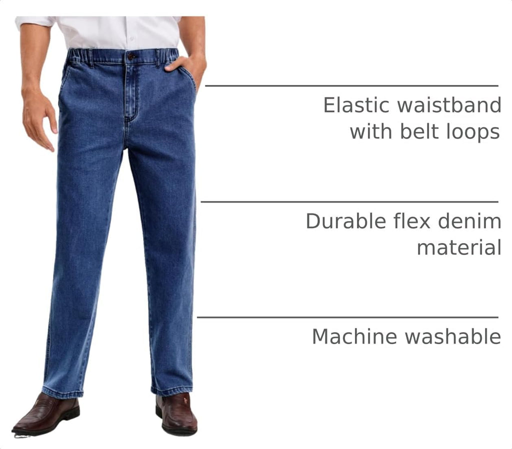 voeeron Mens Elastic Waist Jeans Relaxed Fit Men's Jeans with Elastic Waist with Zipper and Button