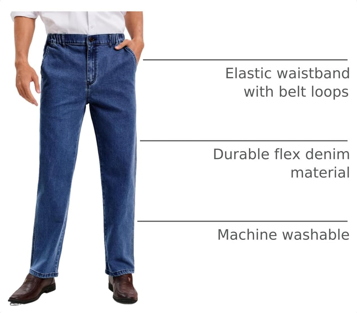 voeeron Mens Elastic Waist Jeans Relaxed Fit Men's Jeans with Elastic Waist with Zipper and Button