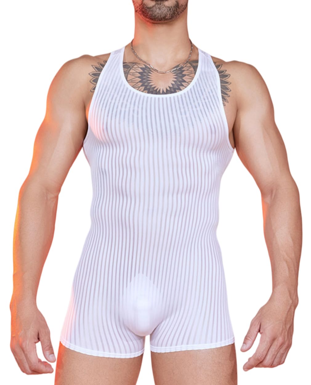 ABAFIP Men's Sexy Lingerie Bodysuit Stripe Mesh See Through Shorts Romper Sheer Underwear