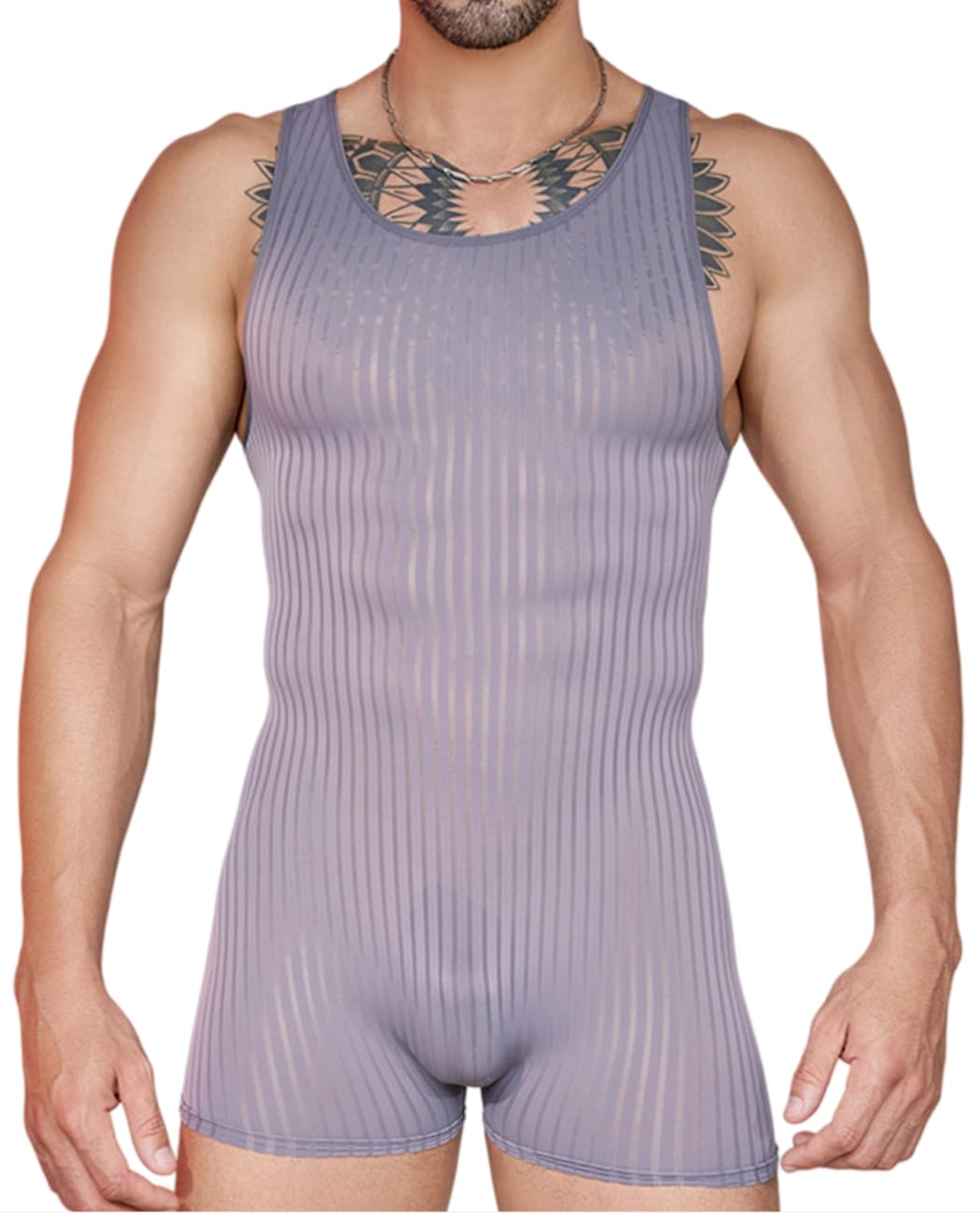 ABAFIP Men's Sexy Lingerie Bodysuit Stripe Mesh See Through Shorts Romper Sheer Underwear