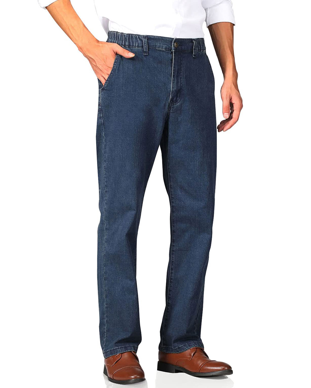 Soojun Mens Elastic Waist Jeans Relaxed Fit with Zipper and Button