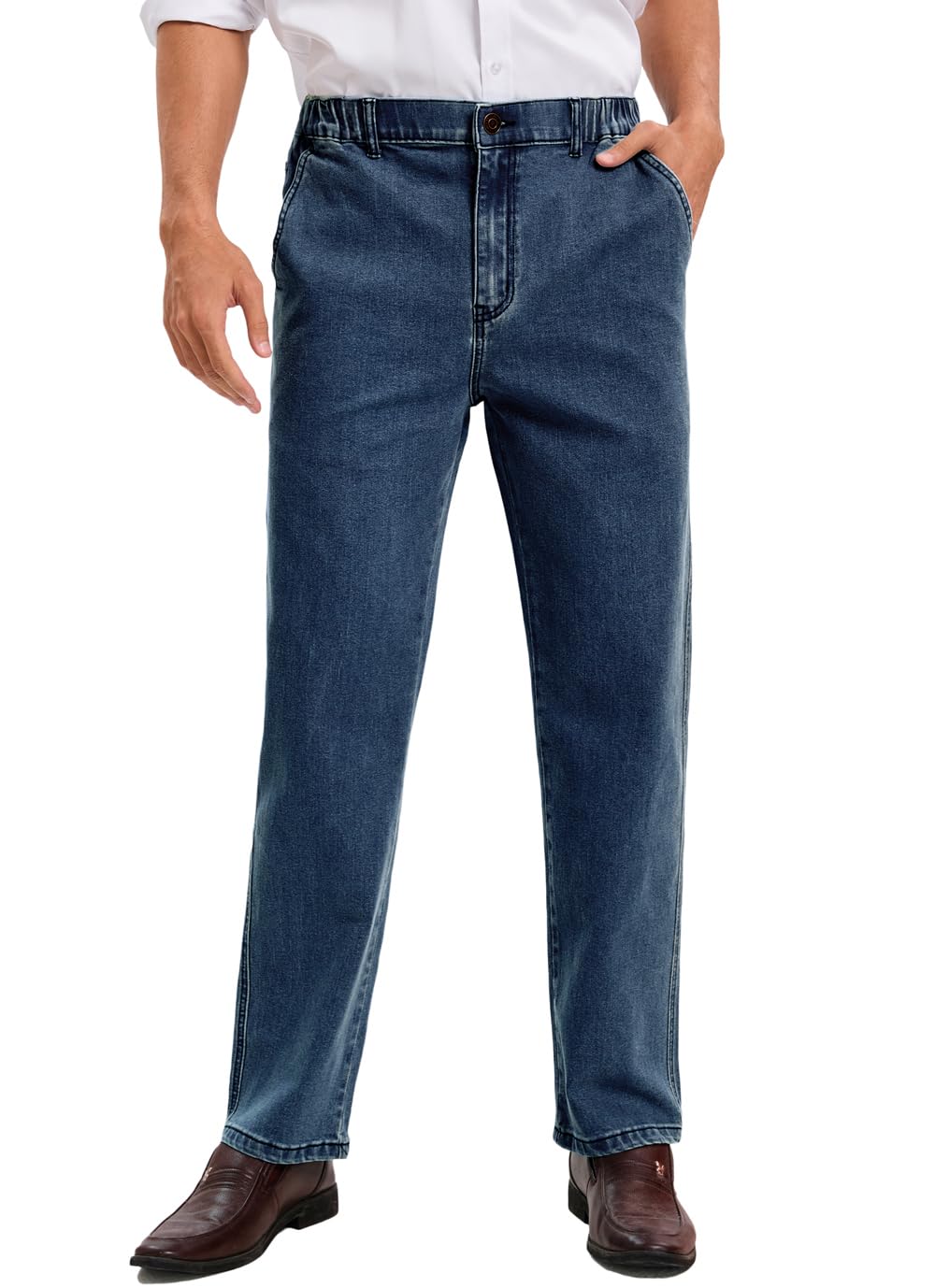 voeeron Mens Elastic Waist Jeans Relaxed Fit Men's Jeans with Elastic Waist with Zipper and Button