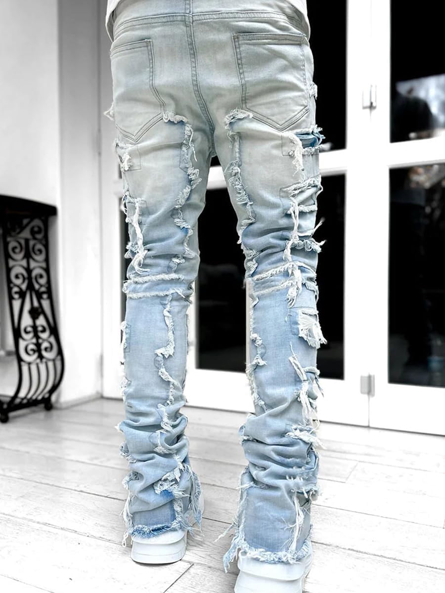 YEOU Men's Stacked Skinny Jeans - Y2K Harajuku Style Ripped Denim Pants with High Waist