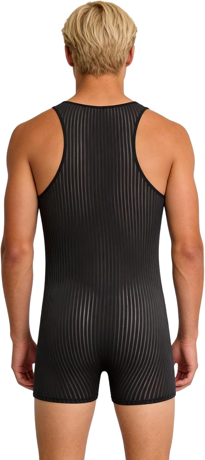 ABAFIP Men's Sexy Lingerie Bodysuit Stripe Mesh See Through Shorts Romper Sheer Underwear