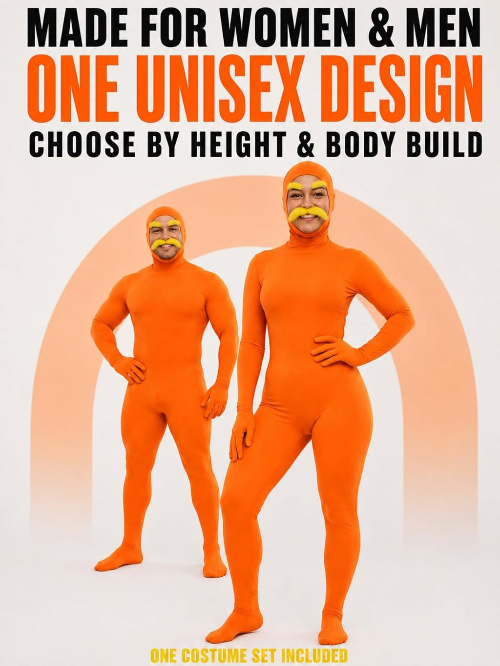 Unisex Adult Orange Bodysuit Halloween Costume with Mustache and Eyebrows