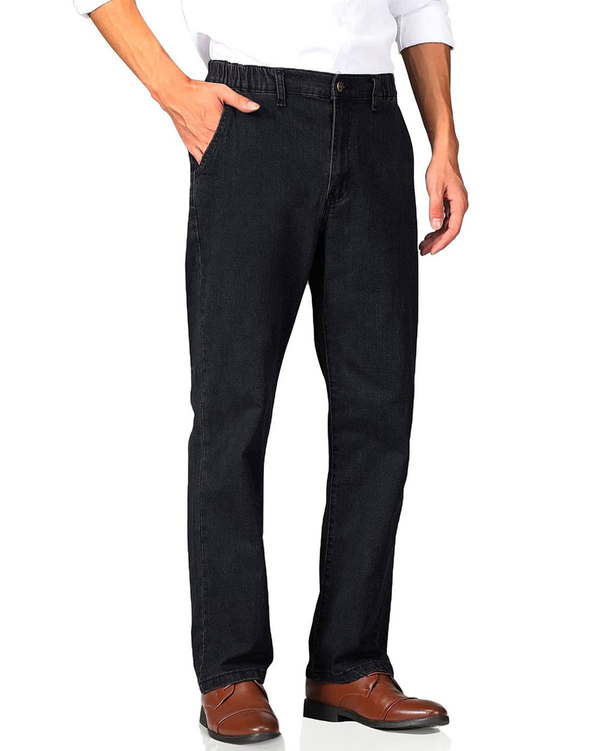 Soojun Mens Elastic Waist Jeans Relaxed Fit with Zipper and Button