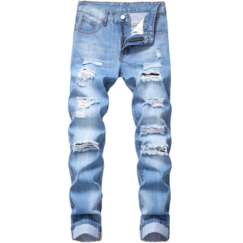 LZLER Mens Ripped Jeans,Distressed Destroyed Slim Fit Straight Leg Denim Pant with Holes