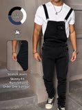 Men's Fashion Slim Fit Denim Jumpsuit, Elastic Jean Fabric Adjustable Straps & Pockets, Workwear Overall, All Seasons Casual Washed Harem Jumpsuit
