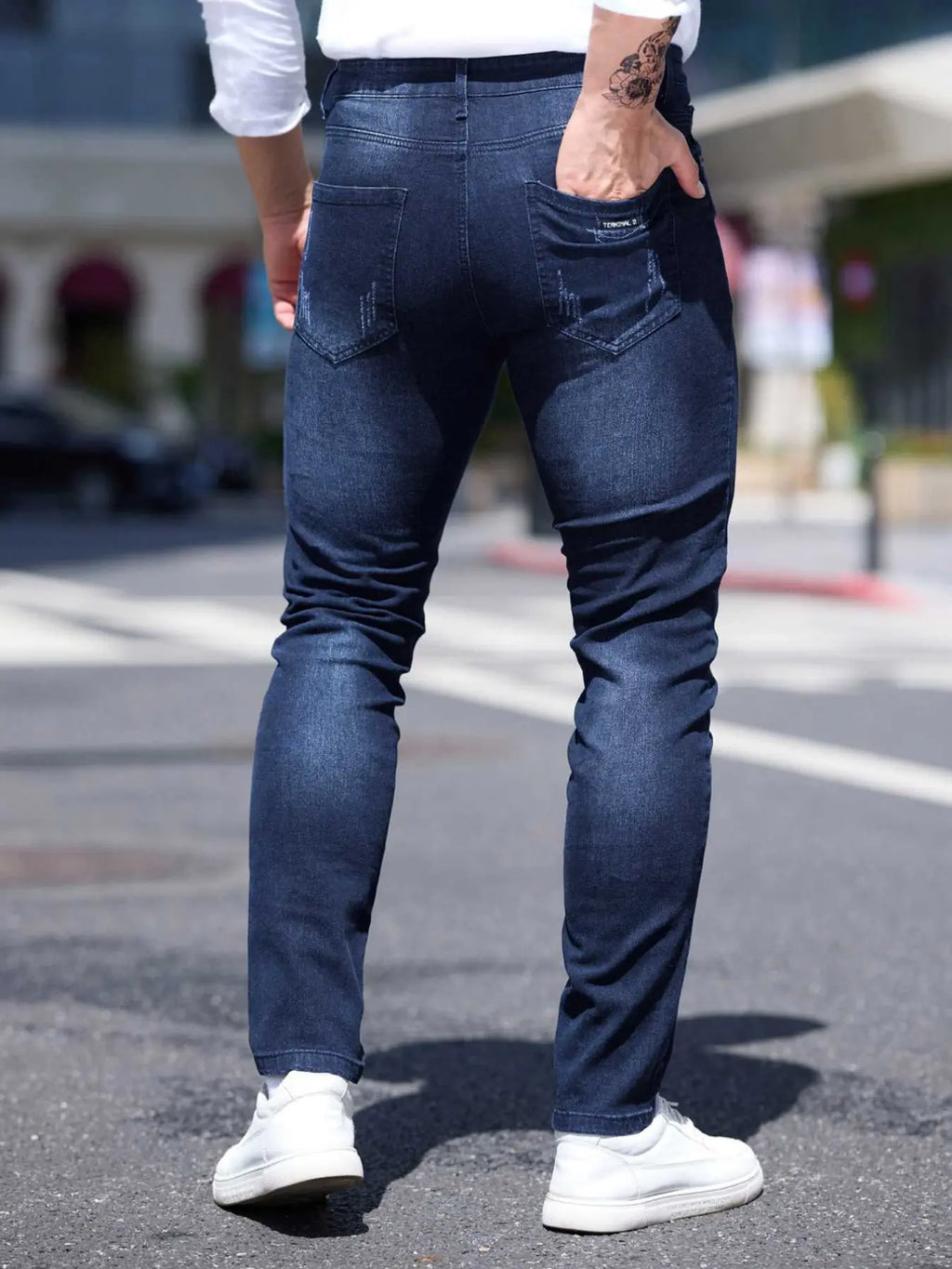 Men's Blue Casual Plain Denim Jeans Pockets, Slim Fit Straight Leg Korean Style Classic Streetwear, Elastic Casual Long Pants for All Seasons, 2026 Fashion Casual Jeans Menswear