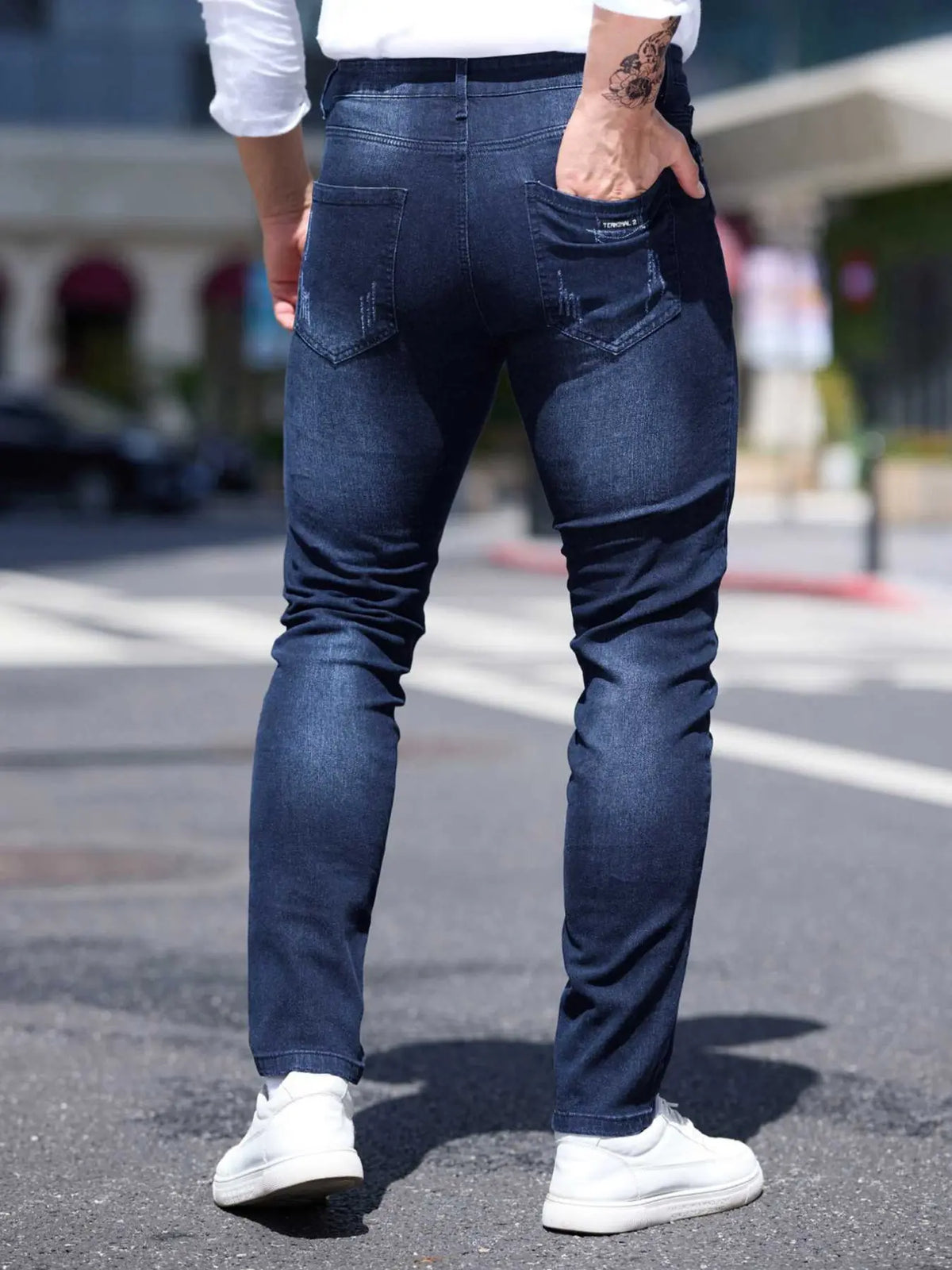 Men's Blue Casual Plain Denim Jeans Pockets, Slim Fit Straight Leg Korean Style Classic Streetwear, Elastic Casual Long Pants for All Seasons, 2026 Fashion Casual Jeans Menswear
