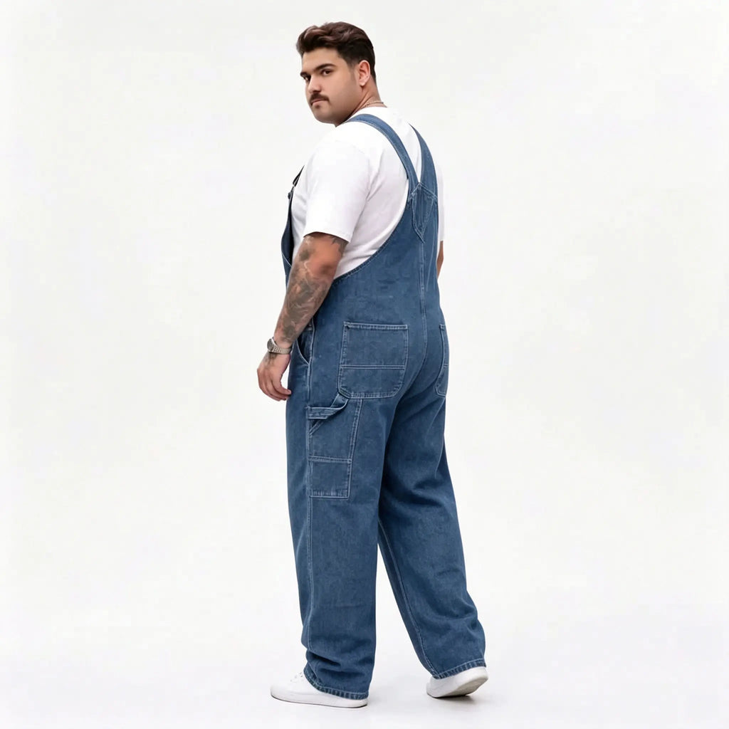 Men's Big & Tall Solid Heavy-Duty Denim Bib Overalls - Menswear Baggy Overalls, Loose-Fit Full Length Straight Leg Workwear Jumpsuit, Adjustable Strap, Multi Pockets, All Seasons, Machine Wash, Work Casual Plain Denim Do Not Bleach