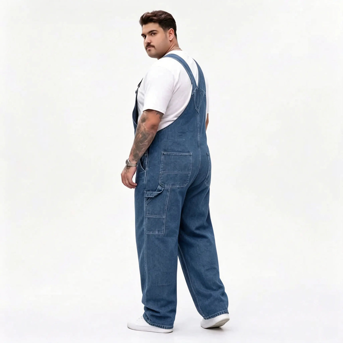 Men's Big & Tall Solid Heavy-Duty Denim Bib Overalls - Menswear Baggy Overalls, Loose-Fit Full Length Straight Leg Workwear Jumpsuit, Adjustable Strap, Multi Pockets, All Seasons, Machine Wash, Work Casual Plain Denim Do Not Bleach