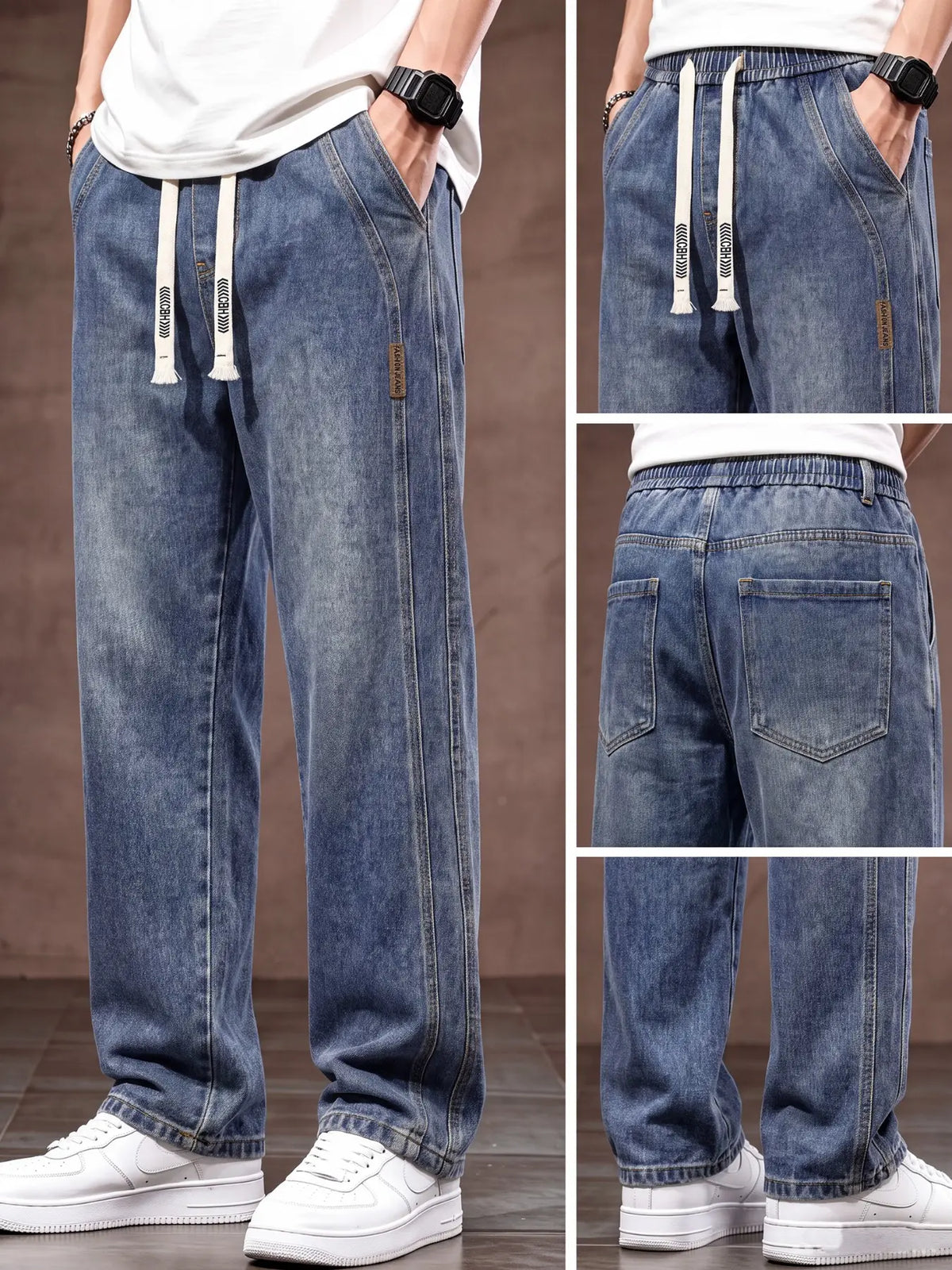 Men's drawstring elastic waist straight leg Pocket jeans solid color casual versatile non stretch denim pants, fit straight leg version, suitable for all seasons