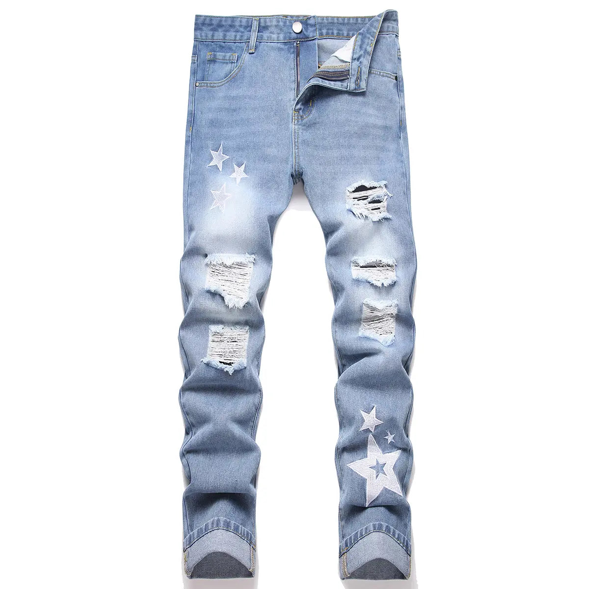 Men's Classic Cotton Distressed Retro Foldable Straight Leg Denim Jeans - 4-Season Comfortable Casual Bottoms with Zipper, Durable Fabric, Pockets, Embroidery, Buttons, Ideal for Retro Street, Halloween, Thanksgiving, Easter, Valentine's Day