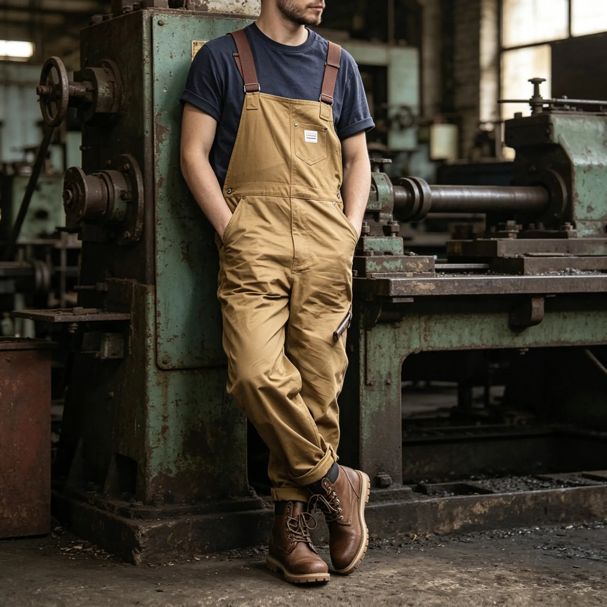 Men's Amekaji Vintage Khaki Canvas Overalls, Multi-Pocket Straight Leg Retro Work Bib Suspender Pants for Daily Outdoor Workwear
