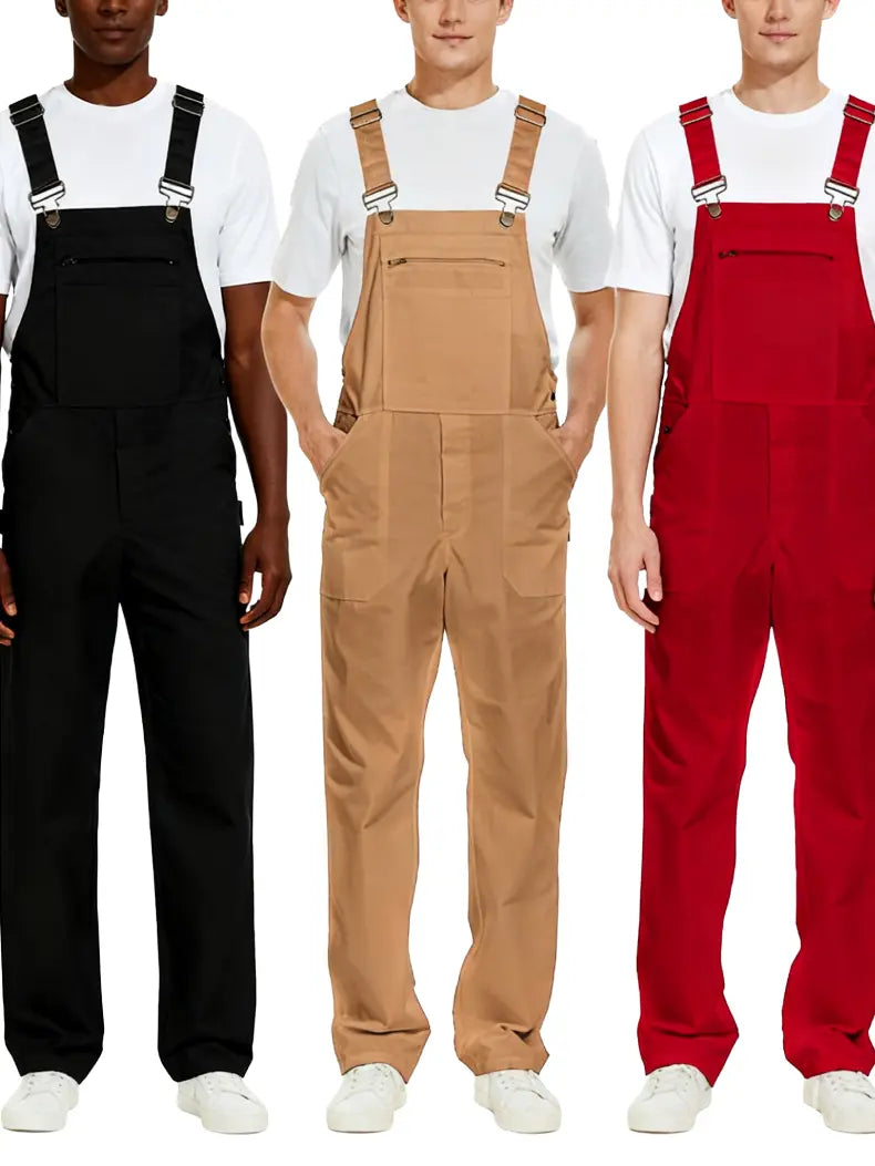 WORK IDEA Men's Cotton Overalls with Straps & Buckle, Comfortable Skin-Friendly Durable Plain Soft Fabric, 8 Functional Pockets, Elastic Waistband, Easy On/Off Workwear Uniforms (Black, Beige) for Outdoor Activities (Pair with T-Shirt)