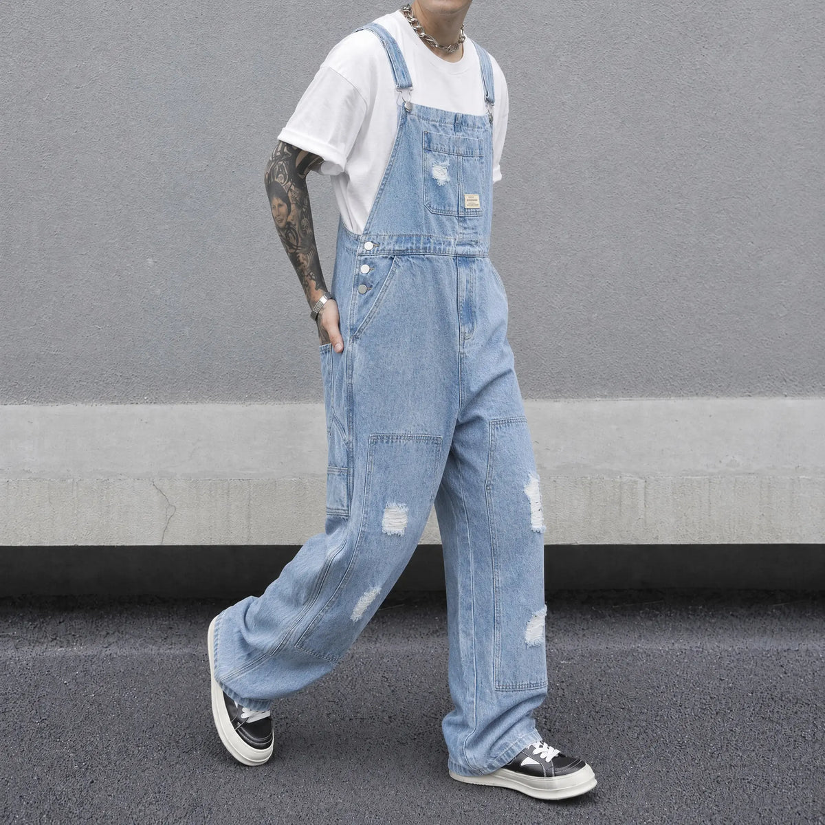 Men's Vintage Light Blue Button-Closure Heavy Washable Denim Overalls - Distressed Cotton Workwear Bib Trousers, No Skinny Fit Summer Casual Skater Baggy Jumpsuit