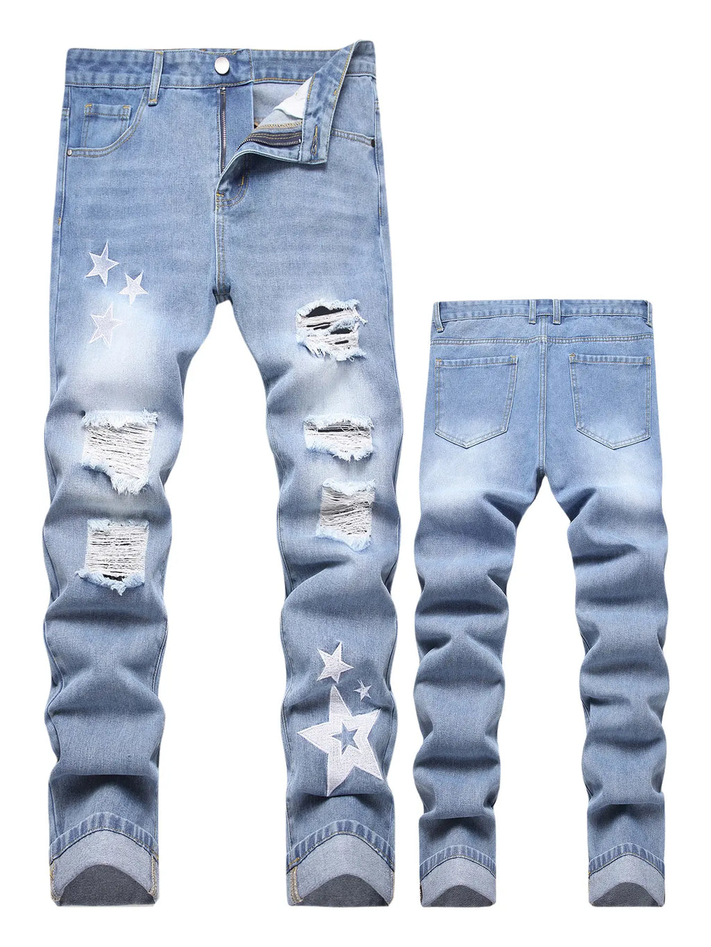 Men's Classic Cotton Distressed Retro Foldable Straight Leg Denim Jeans - 4-Season Comfortable Casual Bottoms with Zipper, Durable Fabric, Pockets, Embroidery, Buttons, Ideal for Retro Street, Halloween, Thanksgiving, Easter, Valentine's Day