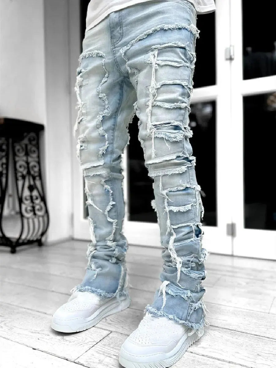 Men Streetwear Hip Hop Stacked Spliced Slim Straight Jeans Pants Male Stylish Motorcycle Biker Denim Trousers