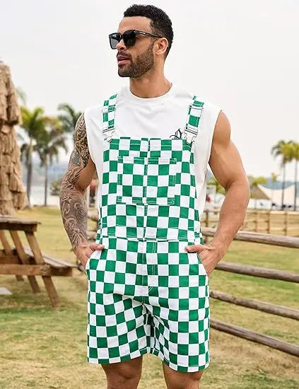 OPDNBON Christmas Checkered Bib Overalls for Men and Women Thanksgiving Stretchy Denim Adjustable Straps Jumpsuit Shorts Work Coveralls Football Game Outfits Spring Fashion Menswear Womenswear