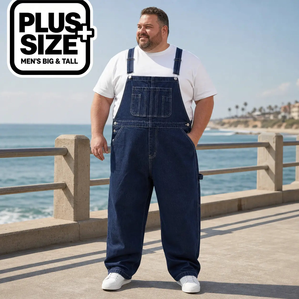 Men's Big & Tall Plain Denim Overalls - Cotton-Polyester Fabric Menswear, Loose-Fit Cargo Jumpsuit with Adjustable Straps, Lace-Up, Pockets - Classic Vintage Retro Street Style Workwear for Casual Daily Use - Plus Sizes XL-6XL, All-Season Comfort