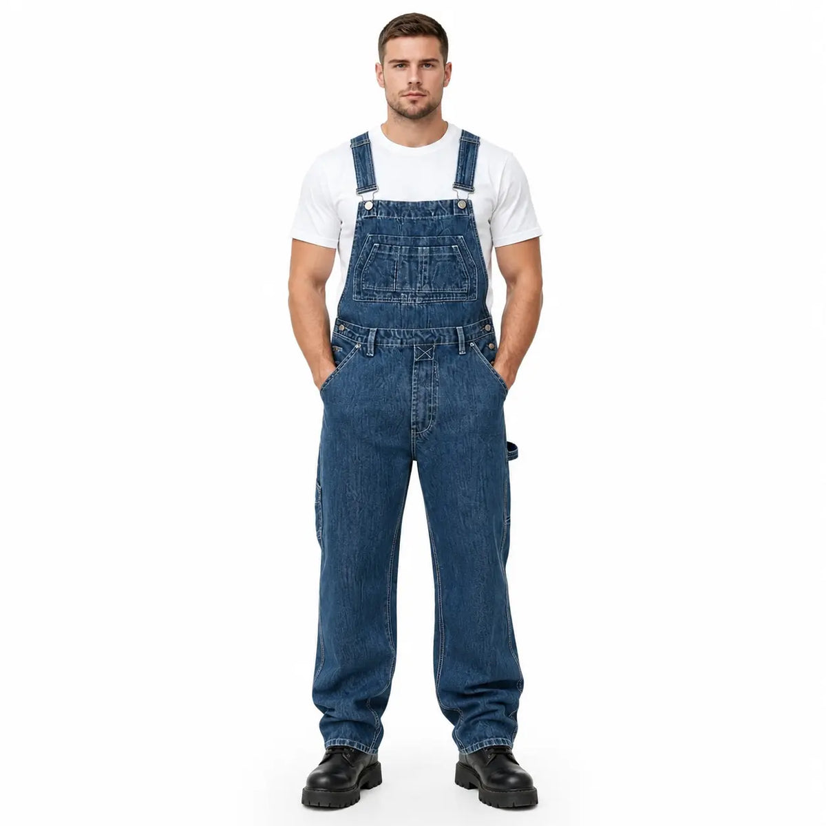 Men's Medium Wash Cotton Denim Overalls - Adjustable Tie Cargo Straps, Retro Slouchy Baggy Loose-Fit, Classic Utility Workwear, Machine Washable All-Seasons Outdoor Menswear, Plain Polyester Fabric Cargo Pants