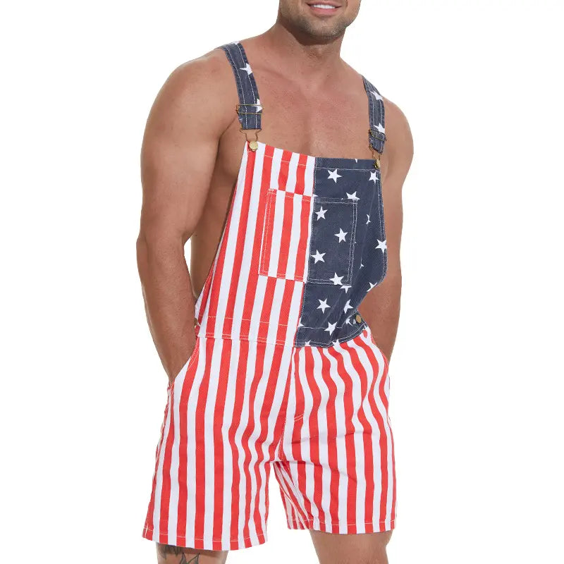 Bindefon 4th of July Denim Overalls with Printed American Flag Coveralls with Bibs for Men Menswear