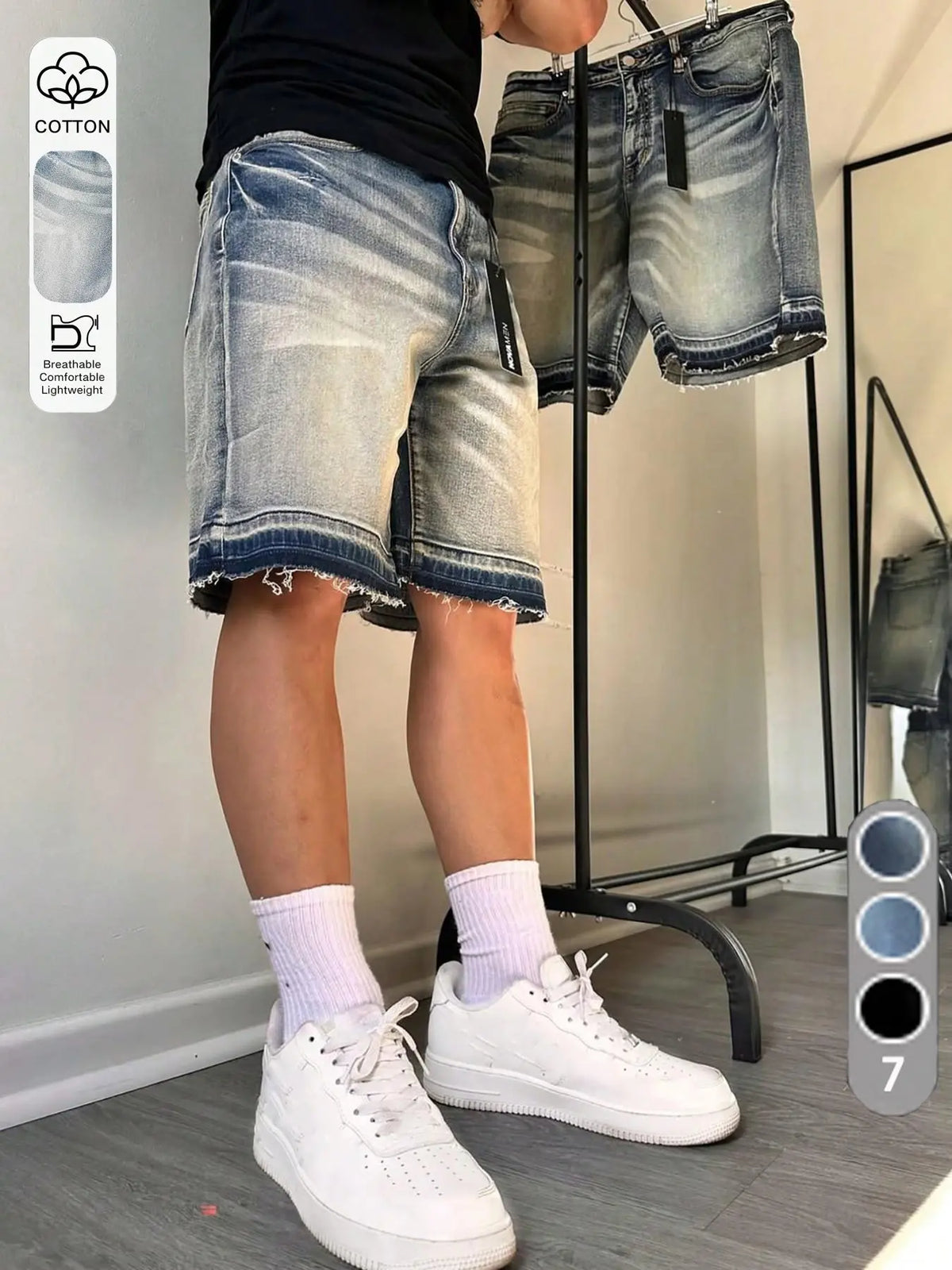Men's Summer Vintage Washed Blue Gradient Denim Shorts, Loose-Fitting Wide Leg Jeans, Casual High Street Style Five-Quarter Pants, Loose Fit Jorts