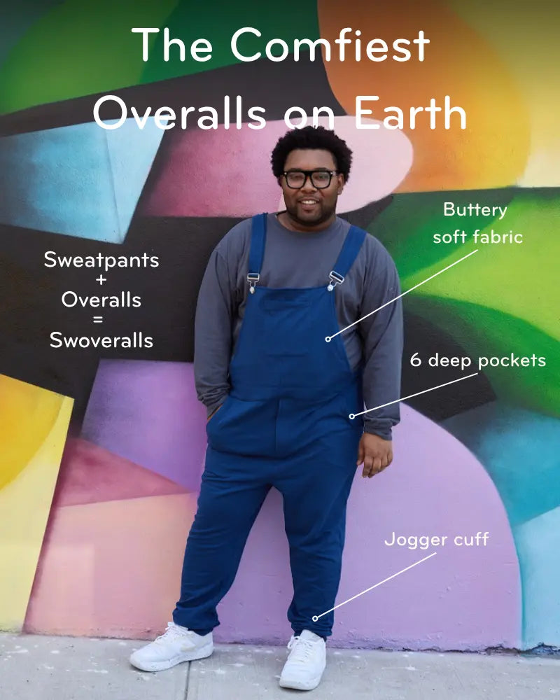 Swoveralls Unisex Navy Cotton-Spandex Fabric Jumpsuit - Soft Comfy Sweatpant Overalls with Jogger Cuffs, Adjustable Straps, Zip Pocket, 6 Pockets, Relaxed Fit, All-Season Menswear
