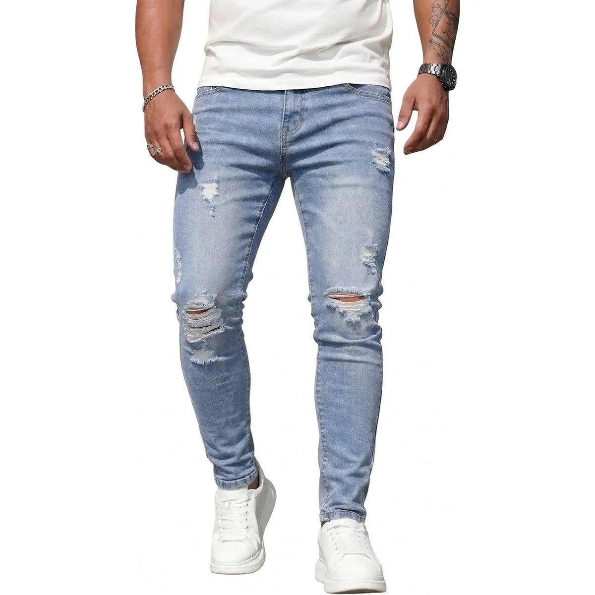 HUNGSON Men's Ripped Slim Denim Jeans - Soft Polyester-Cotton Fabric, Stretchy Skinny Fit, Breathable Distressed, Streetwear Plain Menswear Bottoms, Motocross Trousers (Denim Men's Ripped Jeans), Denim Men's Jeans sohochic