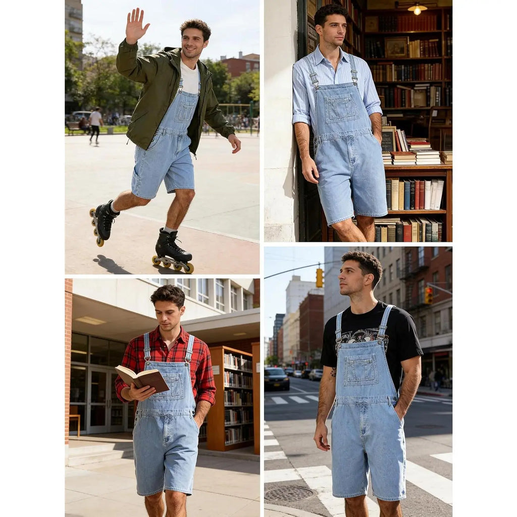 Men's Sleeveless Plain Denim Bib Overall Shorts - Casual Loose Fit Utility Work Jumpsuit with Multi-Functional Pockets (Bib, 2 Side, Cargo, 2 Back), Zip, Standard Sizes for Summer Menswear, 2 Side Pockets