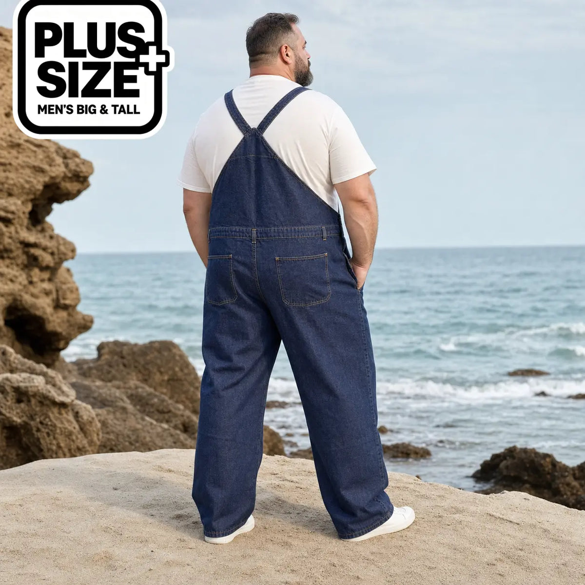 Men's Big & Tall Cotton-Polyester Plain Denim Overalls - Casual Menswear Loose-Fit Streetwear Jumpsuit, Cargo Pants, Adjustable Straps, Lace-Up, Vintage All-Season Workwear, Plus Size 1XL-6XL